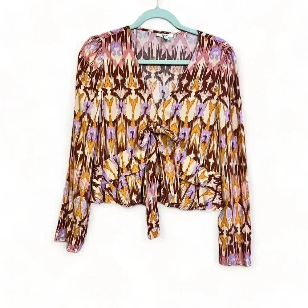 bar III Womens Rust Chevron Ruffle Blouse Sz M Cowgirl Groovy Hippie 70s